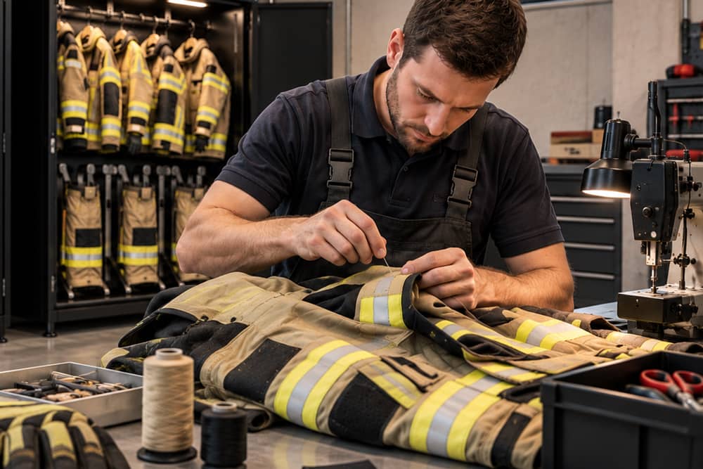 Reparatur von Feuerwehrbekleidung.